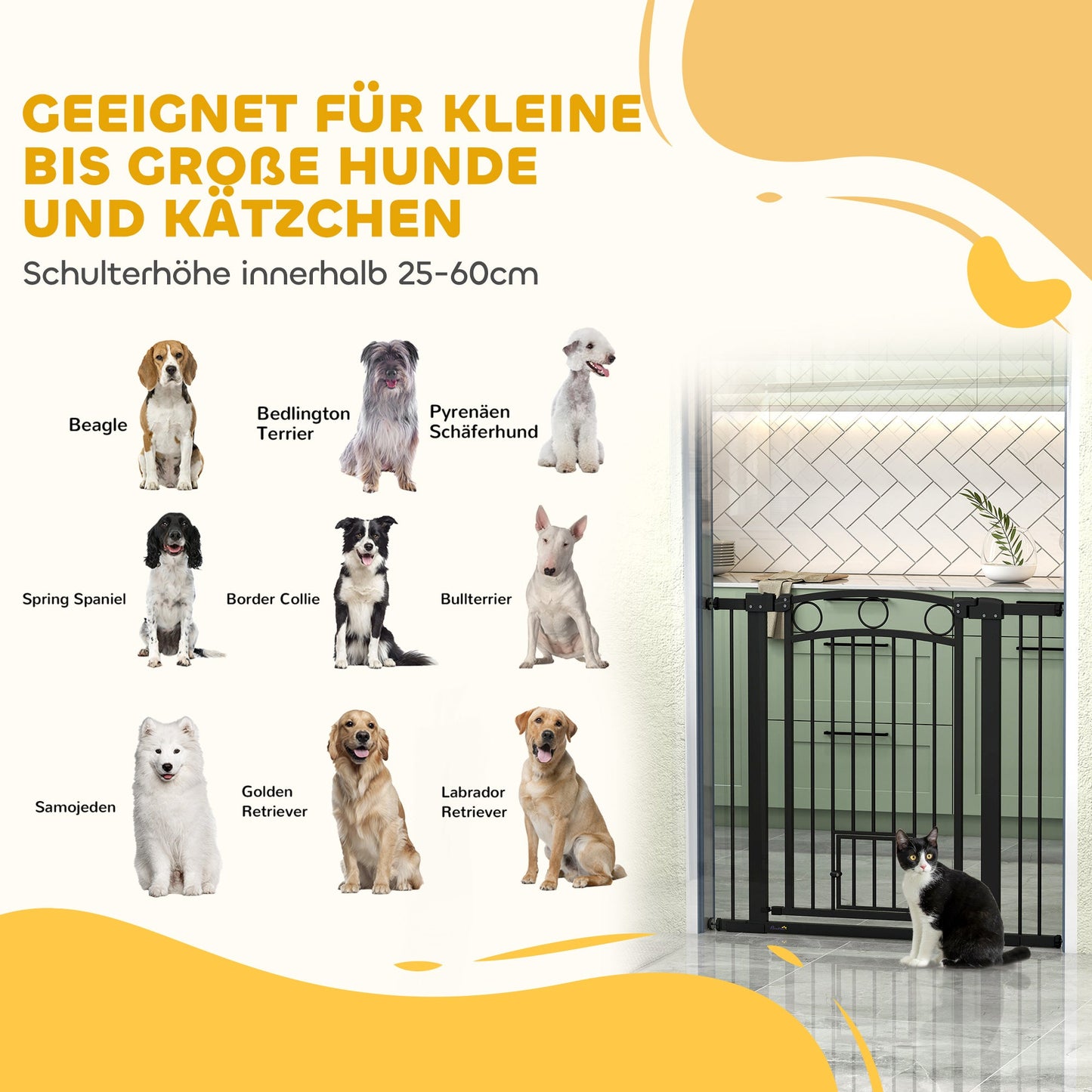 PawHut Haustiertor, 96 cm Treppengatter, verstellbare Breite 76-104 cm, mit Katzentür, für Treppen und Türöffnungen, Schwarz