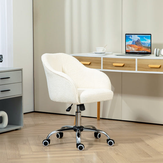 HOMCOM Homeoffice Stuhl, Ergonomisch Schreibtischstuhl mit Wippfunktion, Teddysamtoptik 56 x 61 x 86 cm Cremeweiß