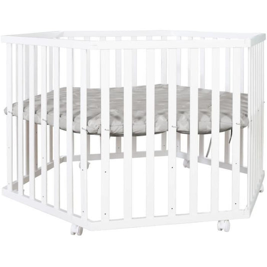 ROBA LITTLE STARS Hegaxonal Baby Playpen - Adjustable Height - Padded Cover - Braked Wheels - White Lacquered Wood - Star Pattern