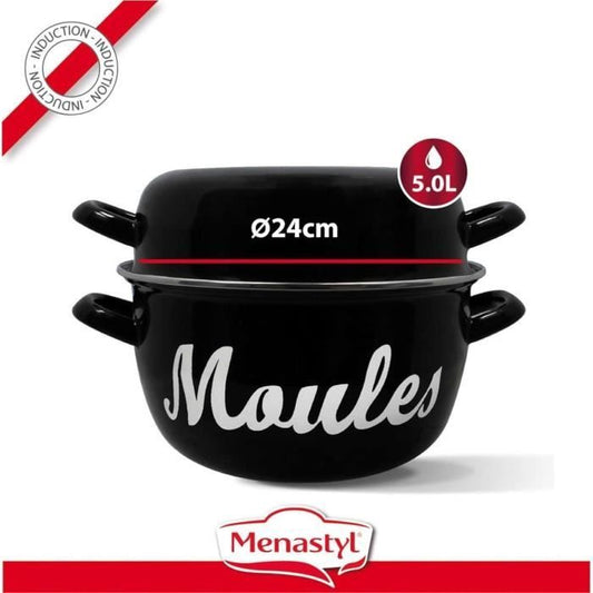 Mussel pot - MENASTYL - 3645564 - Enamelled steel - Black - 24 cm - With writing - All hobs including induction