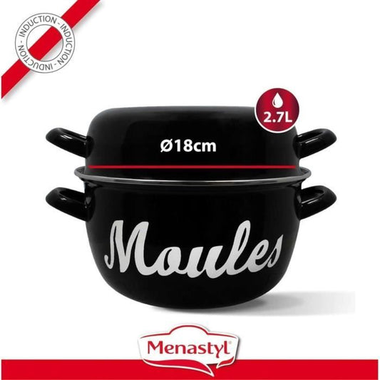 Mussel pot - MENASTYL - 3645563 - Enamelled steel - Black - 18 cm - With writing - All hobs including induction