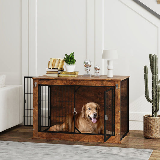 PawHut Hundebox, Transportbox für Hunde, Aufenthaltsbox, für Haustiere, 2 verschließbare Türen, 98 x 60 x 65,5 cm, Braun