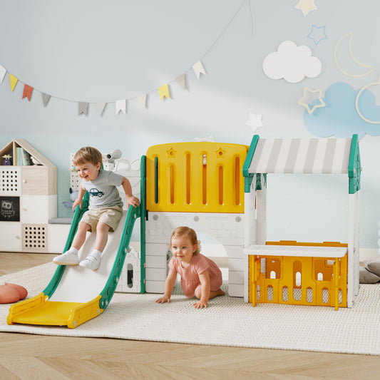 AIYAPLAY 7-in-1 Kinderrutsche, Indoor-Spielplatz, Klettergerüst, Haus, Tafel, Basketballkorb, 1-4 Jahre, Kunststoff, Gelb+Grün