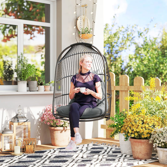 Outsunny Hängesessel Hängekorb mit Kissen Polyrattan Schaukel Outdoor Indoor faltbar belastbar bis 150kg Dunkelgrau