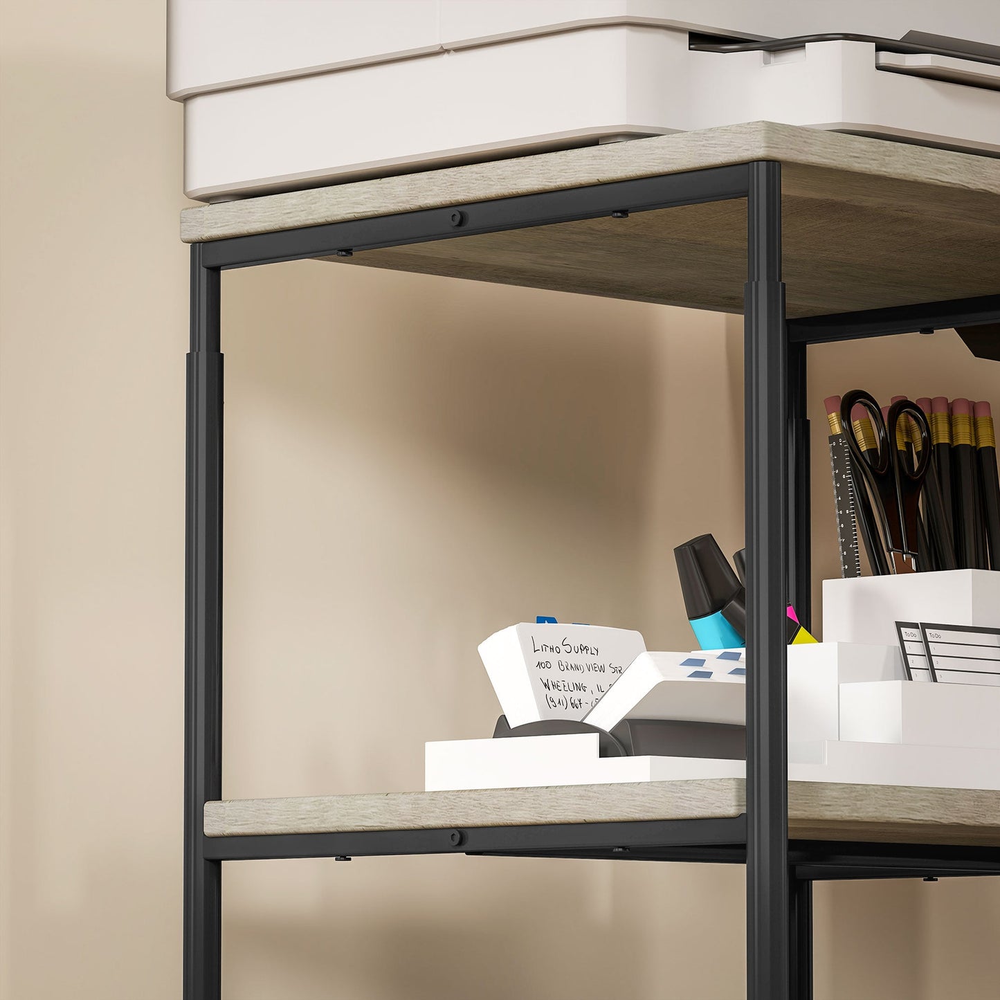 HOMCOM Druckerständer mit 3 Ebenen, höhenverstellbar, Mobiler Druckertisch auf Rollen, für Homeoffice, Metall und Holz