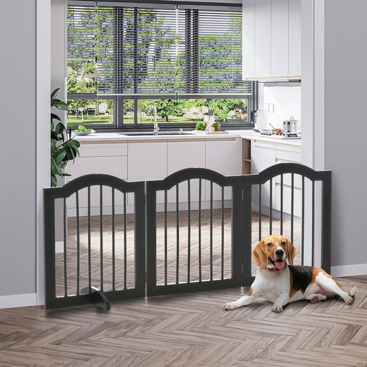 PawHut Absperrgitter Hund 3-teilig, 154,5 x 61 cm Faltbar Hundegitter mit Tür, Türschutzgitter mit 2 Stützfüßen, Freistehend Treppengitter für Küche, Flur, Schwarz