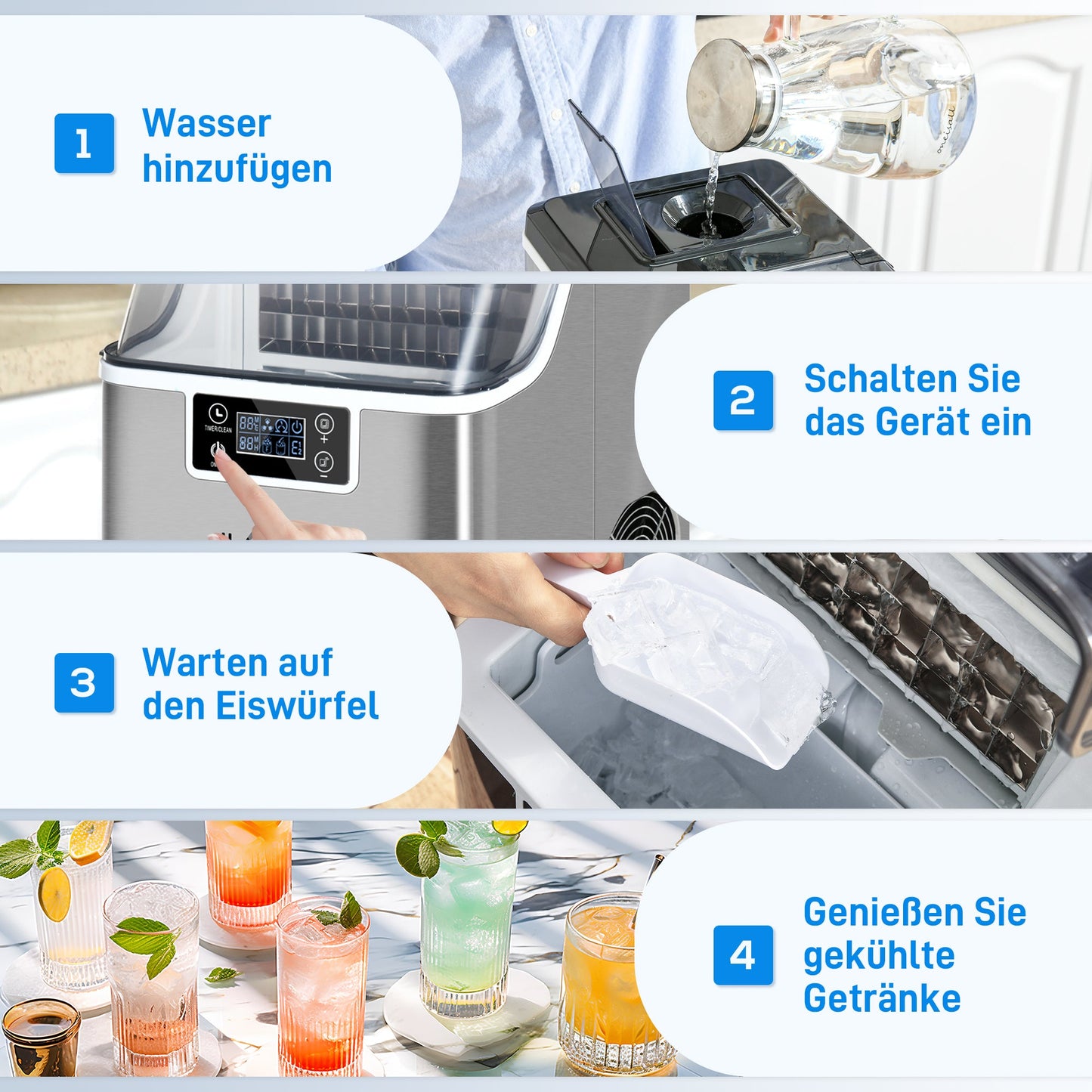 HOMCOM Eiswürfelmaschine Eiswürfelspender Ice-Maker 20kg/24h 2,3L Eiswürfelbereiter mit 3,2 L Wassertank, Silber