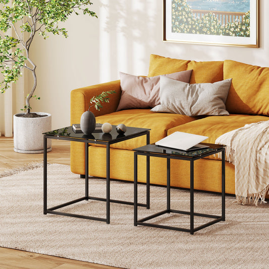 HOMCOM 2er-Set Beistelltische, modernes Design, stapelbar, Glastisch, Schwarz