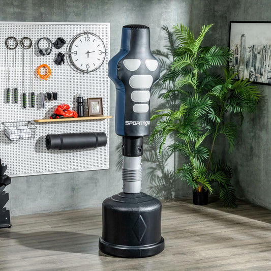 SPORTNOW Boxdummy, freistehend, höhenverstellbar, schwerer Standfuß, Kunstleder, schwarz+grau+blau, 55 x 55 x 178-207 cm