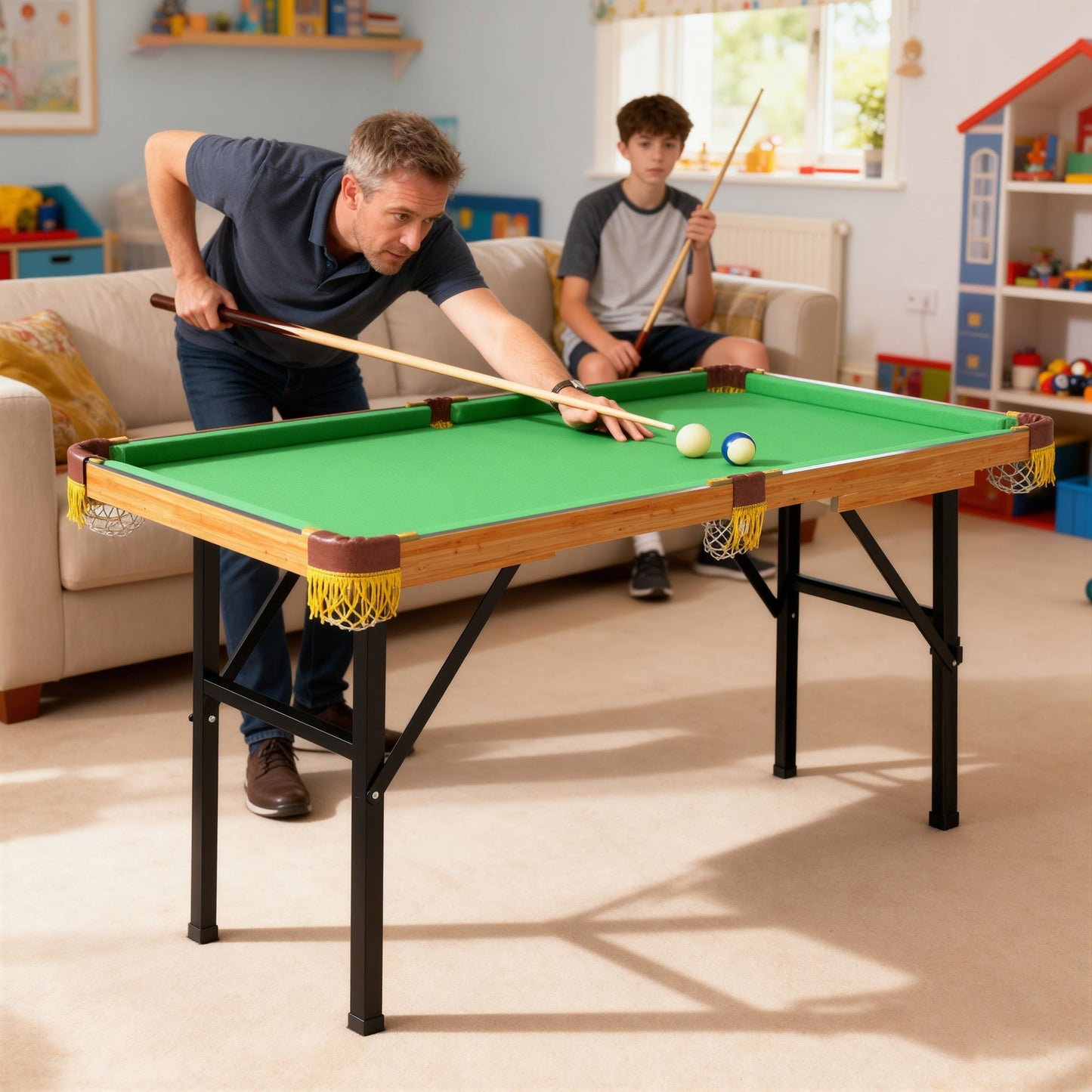 SPORTNOW Klappbarer Billardtisch, Mini-Billiard-Tisch, 2 Queues, 16 Kugeln, Dreieck, Bürste, Grün