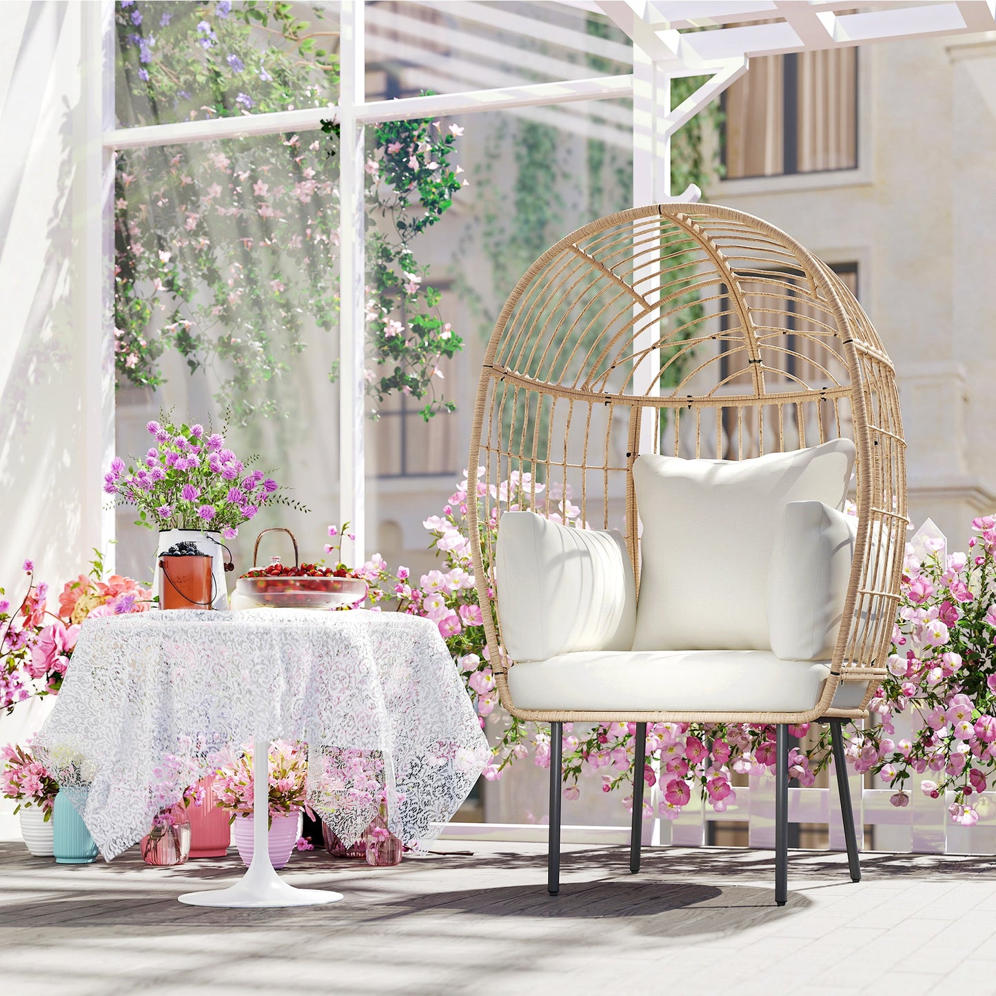 Outsunny Rattansessel Ei-Förmig mit abnehmbarem Kissen, Polster, Outdoor Sessel aus Rattan 95 x 80 x 155 cm Beige