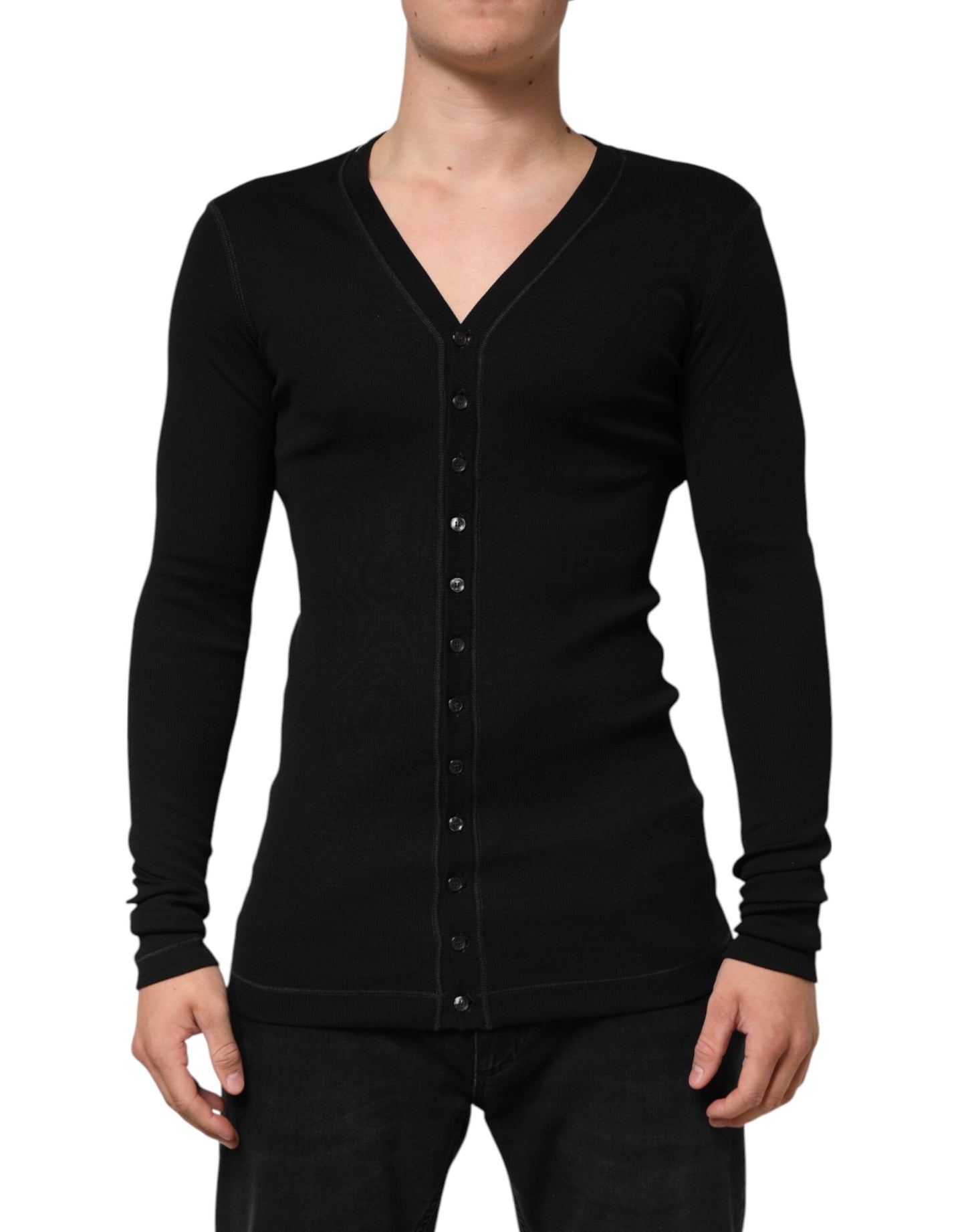 Black Cotton Button Up Men Cardigan Sweater