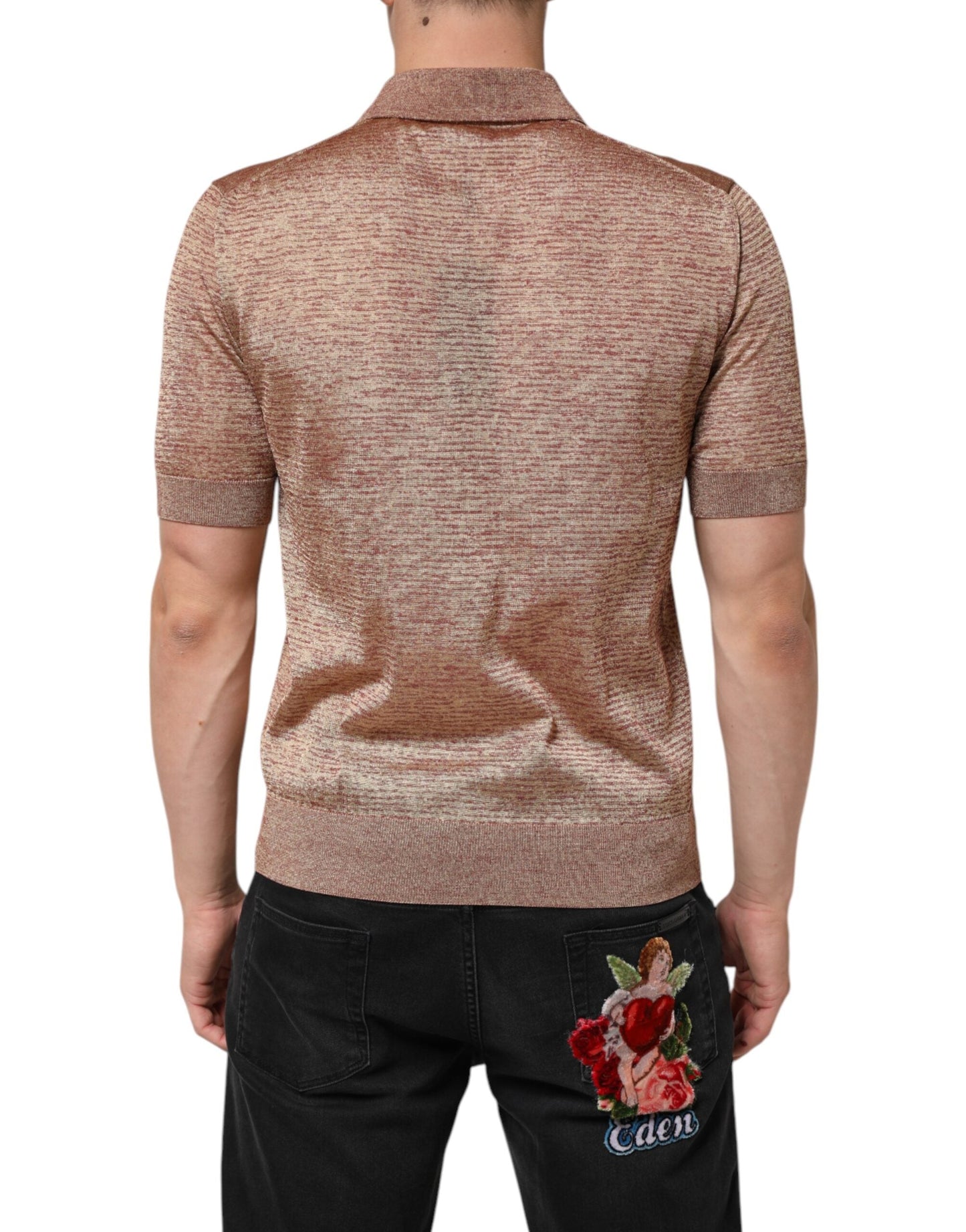 Brown Silk Textured Short Sleeve Polo T-shirt