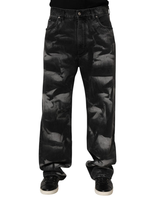 Black Marbled Effect Straight Men Denim Jeans
