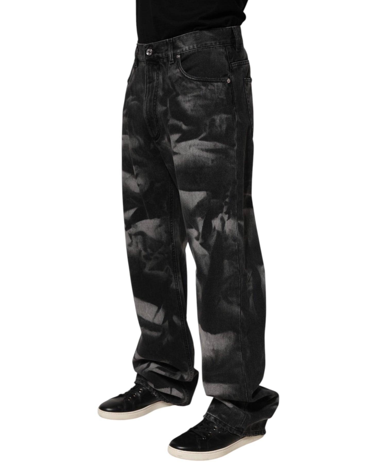Black Marbled Effect Straight Men Denim Jeans