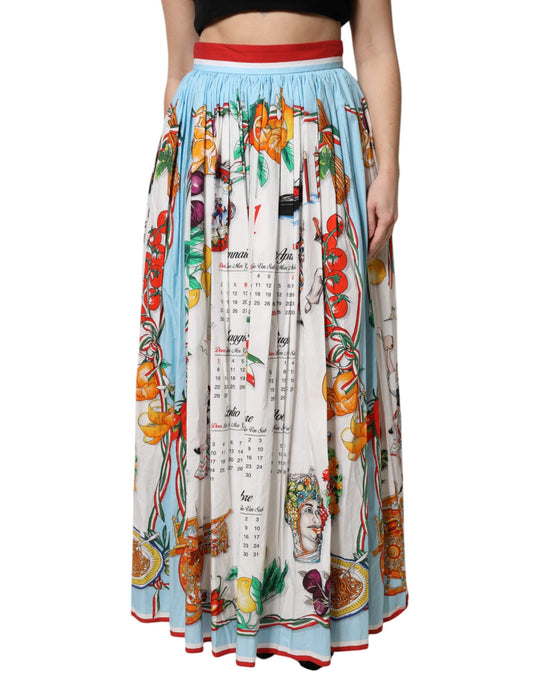 White Calendar Print Cotton Gathered Maxi Skirt