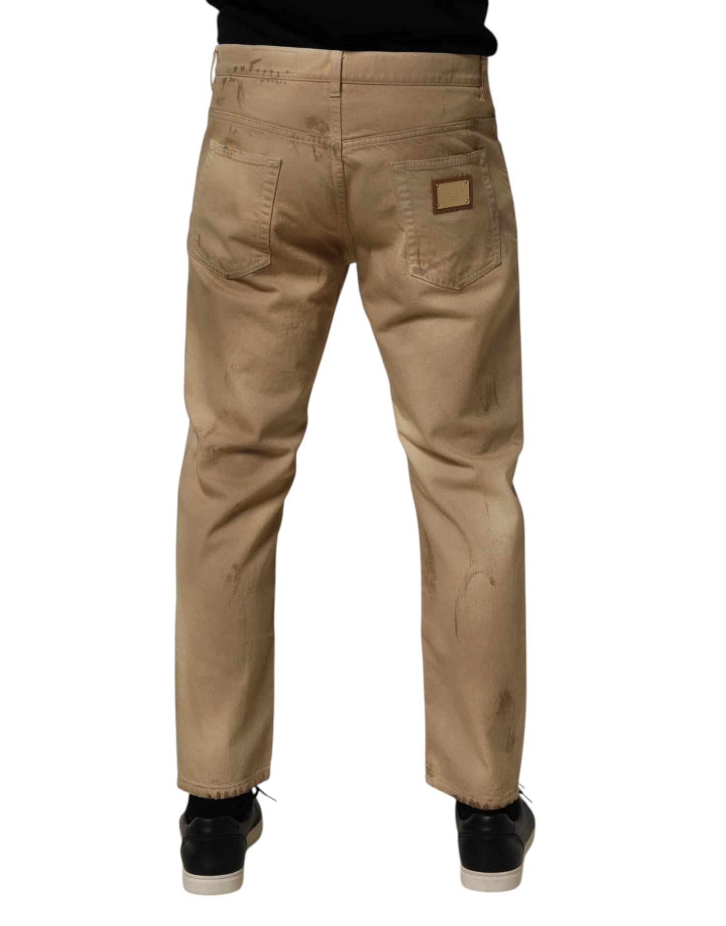 Beige Cotton Loose Tattered Men Denim Jeans