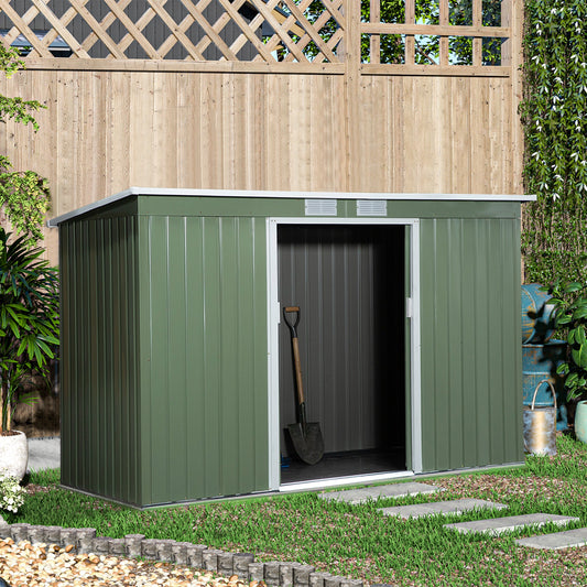 Outsunny Metall Gerätehaus 6,3m³ 280x130x172cm Geräteschuppen mit Pultdach Schiebetür wetterfest Gartenhaus Outdoor Garten Schuppen Schrank für Hinterhof Außenbereich Anthrazit, Hellgrün