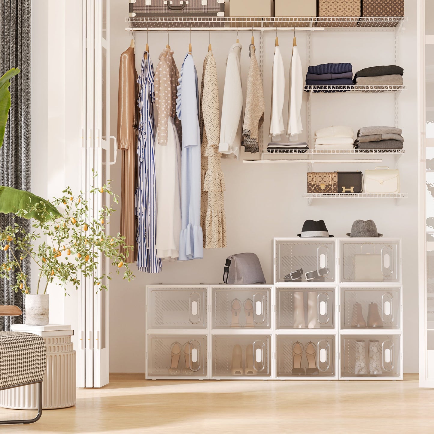 HOMCOM 18-teiliges Schuhregal, stapelbare Schuhboxen für Schuhe bis Größe 45, magnetische Türen, Kunststoff, 28 x 36 x 21 cm