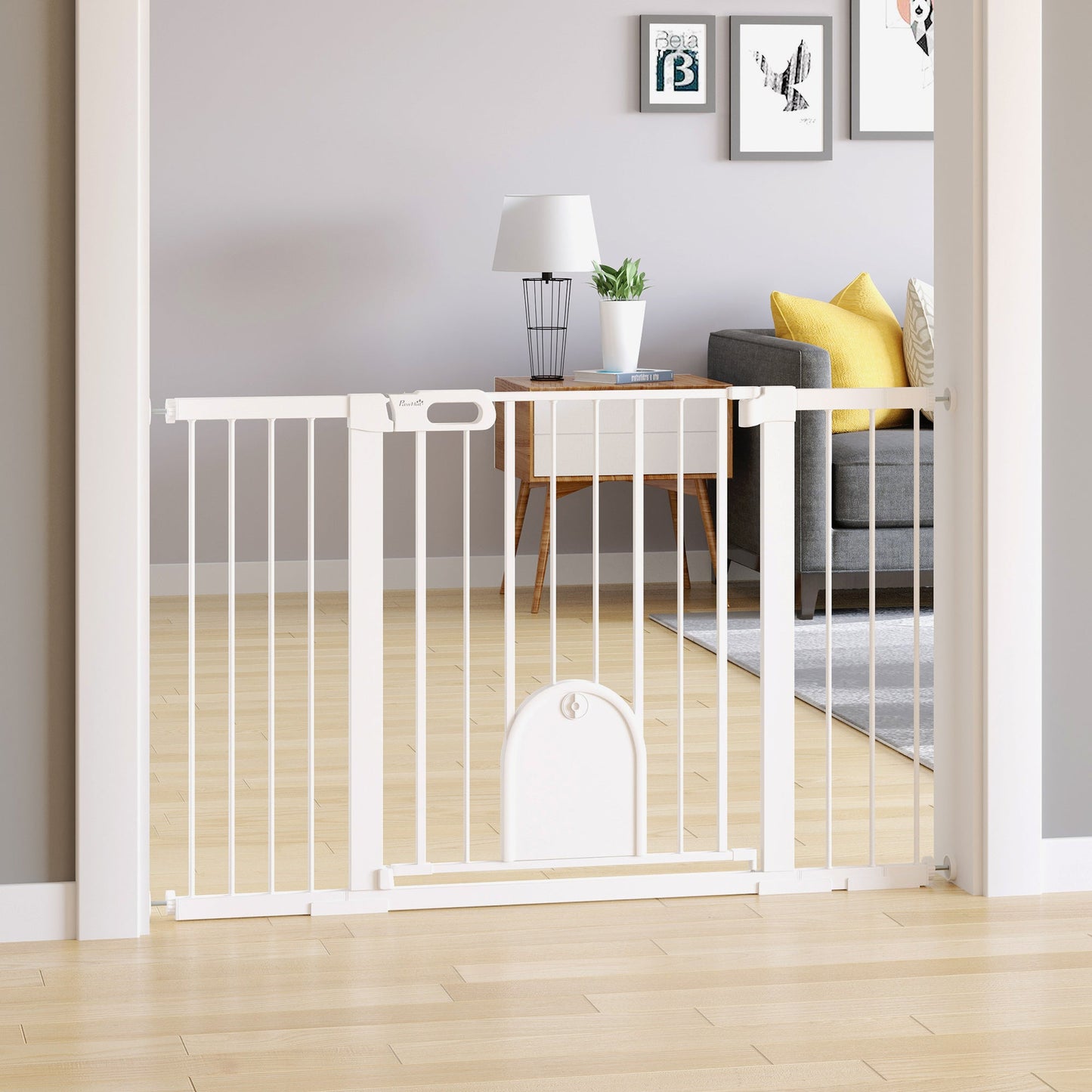 PawHut Türschutzgitter Treppenschutzgitter Hunde Absperrgitter Schutzgitter für Haustier Hundegitter Klemmbefestigung Metall ABS Weiß 75-131 x 76 cm