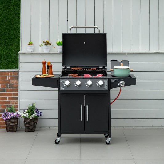 Outsunny Gasgrill BBQ mit 3 Brennern je 3 kw mobiler Grillwagen mit 4 Rädern Grillnetz Seitentischen Druckminderer Schläuche Schrank Multifunktion Metall Schwarz 132,4cm x 55cm x 109cm
