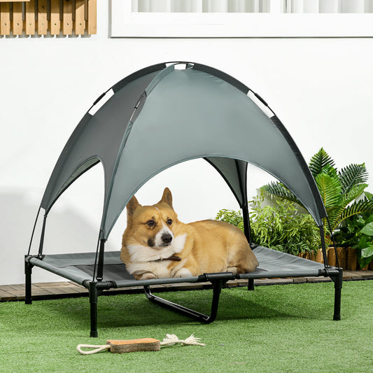 PawHut Erhöhtes Hundebett mit Baldachin, Haustierbett, Hundeliege outdoor mit Dach, Atmungsaktiv, Taftstoff für Camping Grau 92 x 76 x 90 cm
