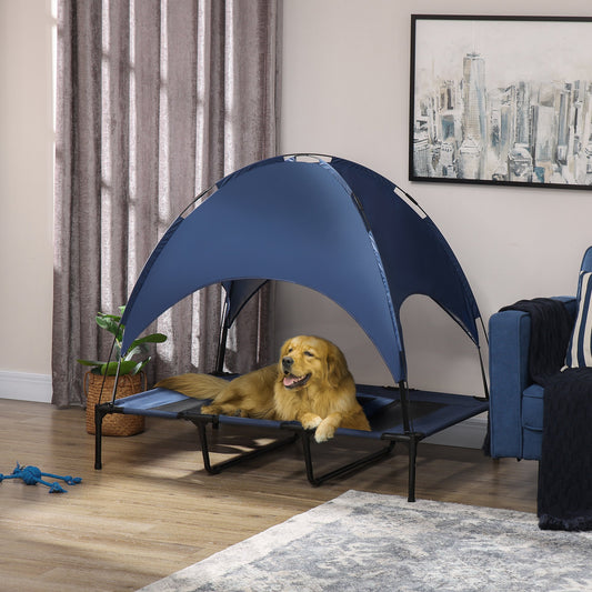 PawHut Outdoor-Hundeschlafplatz Wetterfestes Hundebett, mit Baldachin, klappbar, 122 x 92 x 108 cm, Blau + Schwarz