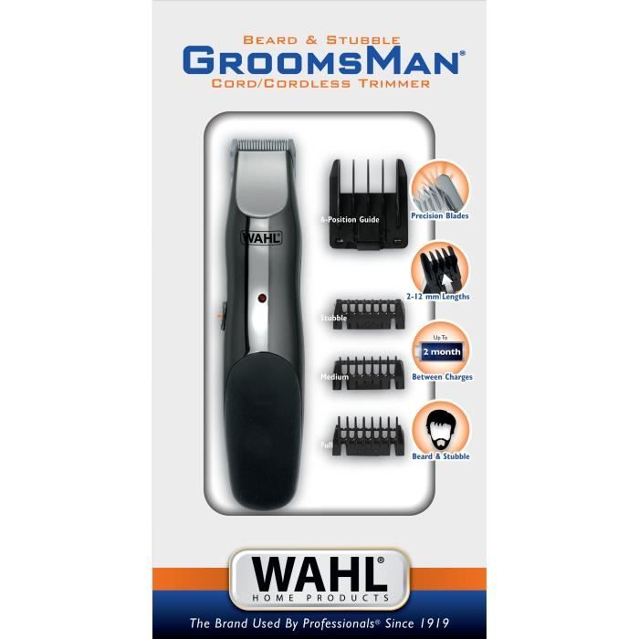 WAHL 09918-1416 - Rechargeable Groomsman beard trimmer - Corded or cordless - Autonomy 60 min - 4 cutting guides 1.5 mm to 12 mm