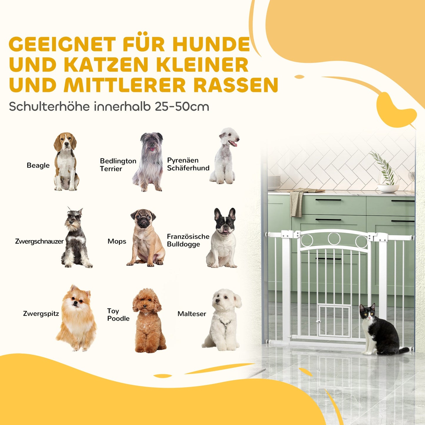 PawHut Haustiertor, 77 cm Treppengatter, verstellbare Breite 76-104 cm, mit Katzentür, für Treppen und Türöffnungen, Weiß