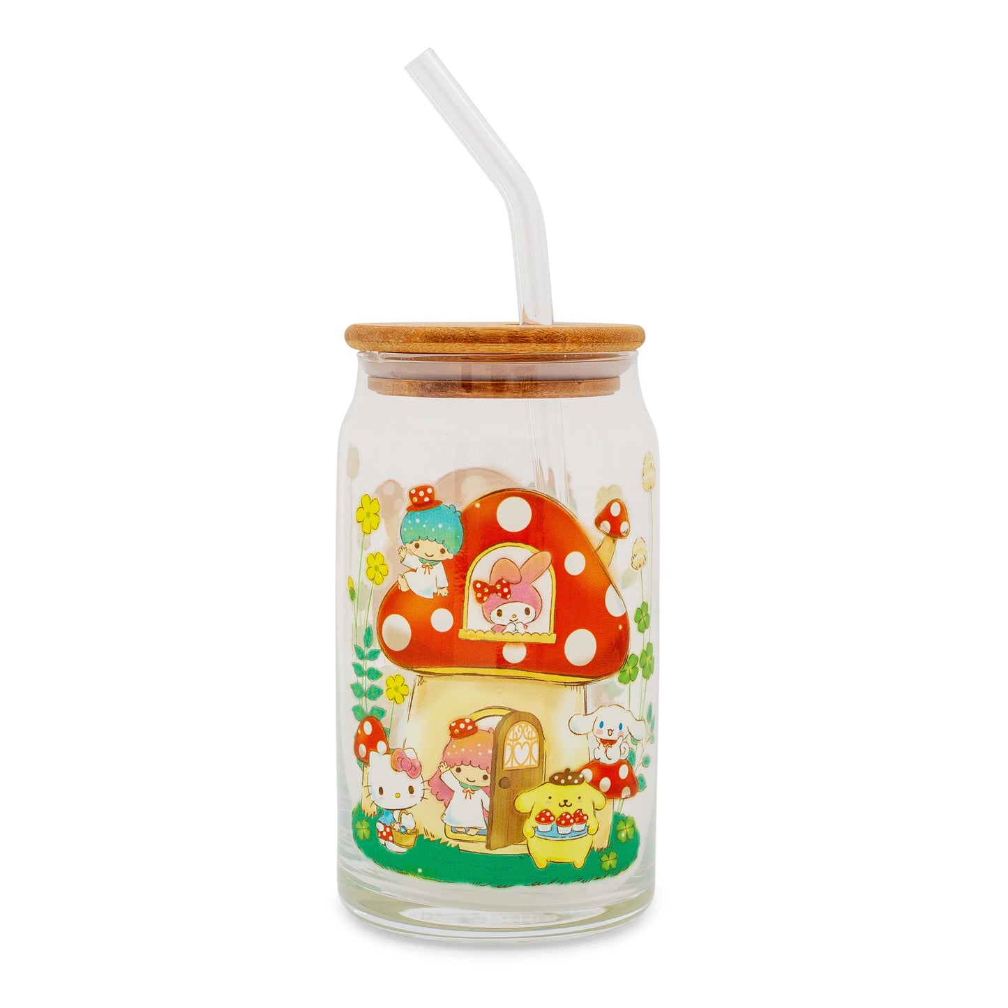 Sanrio Hello Kitty and Friends Mushroom Glass Tumbler With Bamboo Lid and Straw
