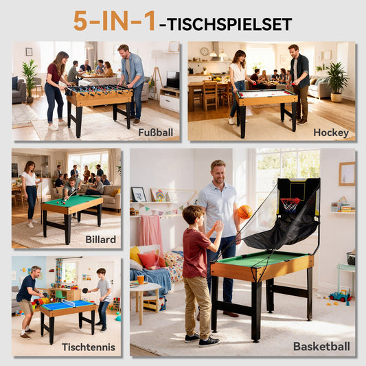 SPORTNOW 5-in-1 Multispiel-Tisch, 53 Zubehör-Teile, Tischfußball, Tischhockey , Tischtennis, Billard, Basketball, Walnuss