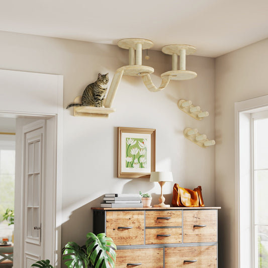 PawHut Katzentreppen-Set, Wand- und Deckenmontage, für Katzen bis 5 kg, Beige