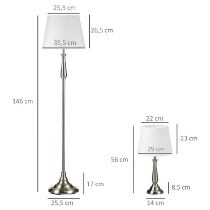 HOMCOM 3-teiliges Lampenset im Vintage-Design, 2 Tischleuchten, 1 Stehleuchte, 35,5 cm x 35,5 cm x 146 cm, Silber + Weiß