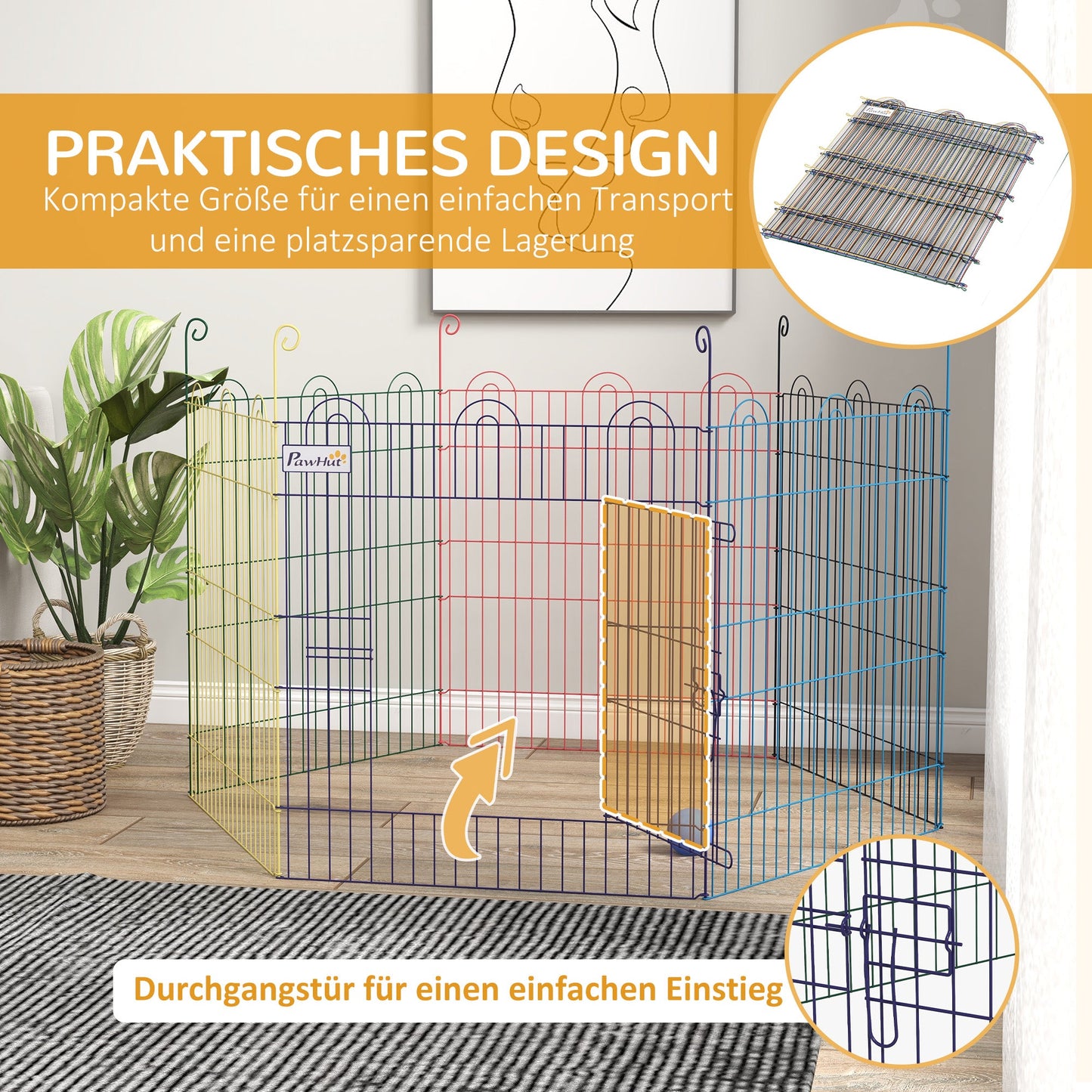 PawHut Freilaufgehege, Welpenauslauf, modulares Design, verriegelbar, Metall, Ø120x60H cm, Bunt