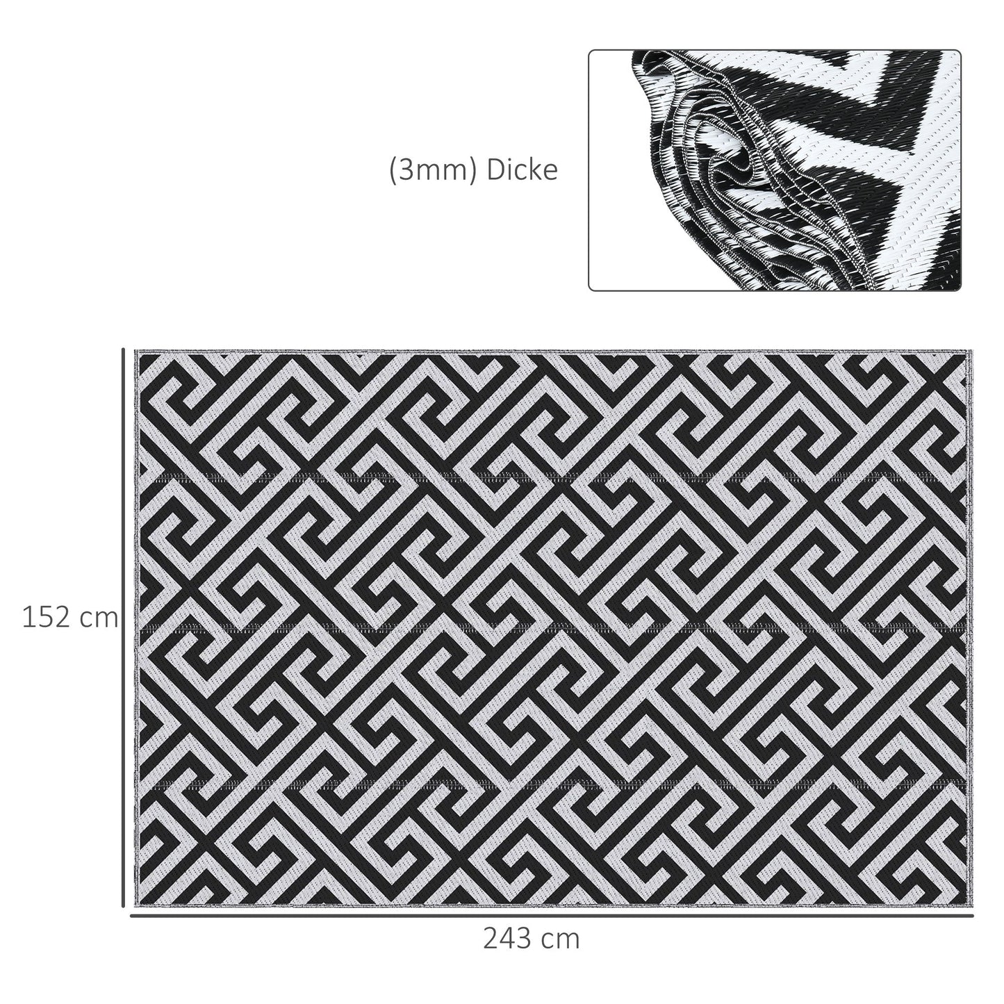 Outsunny Outdoor-Teppich, beidseitig nutzbar, strapazierfähig, Rand gegen Ausfransen, schwarz+weiß, 152 x 243 cm