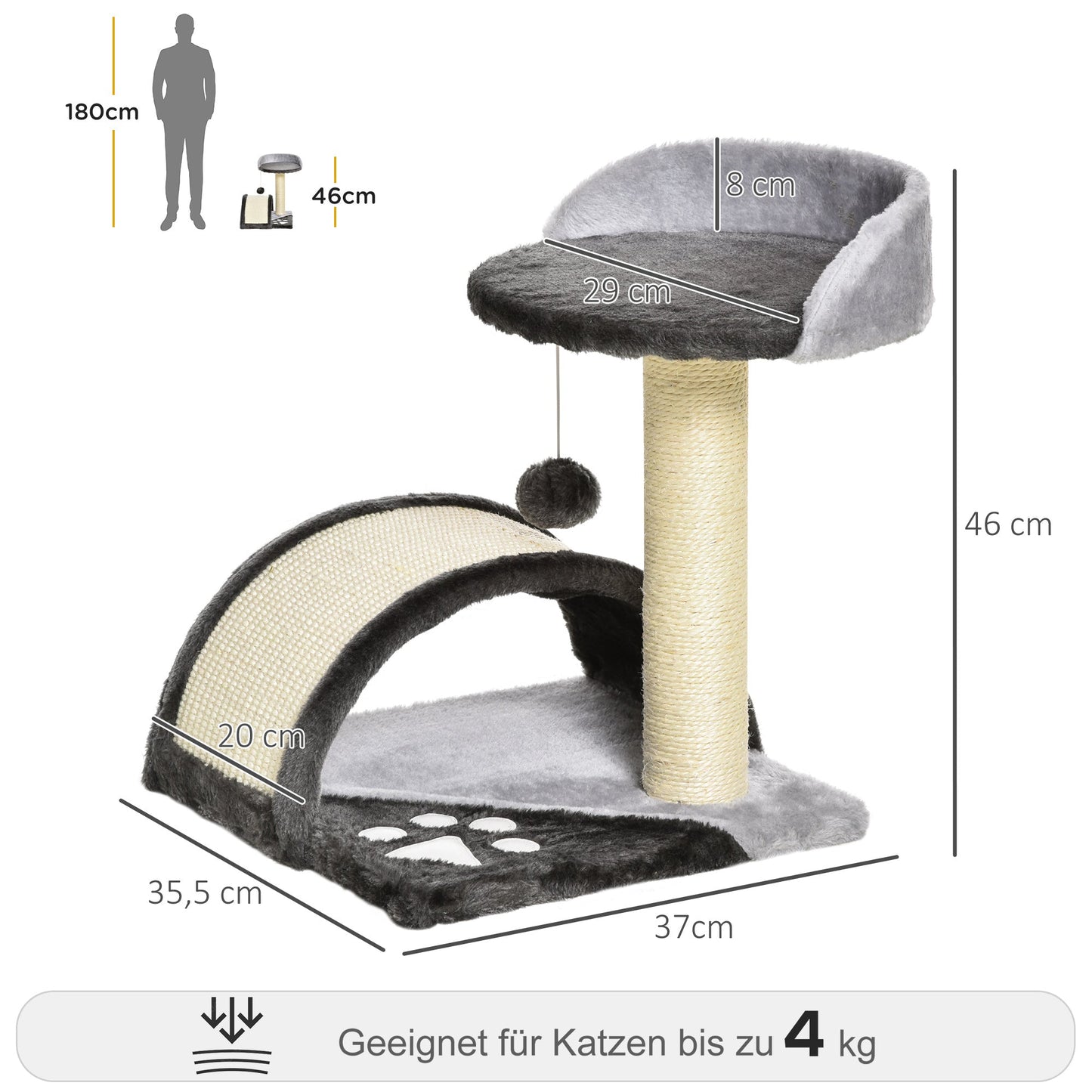 PawHut Kratzbaum 46 cm Kleiner Katzenturm mit Höhle, Spielball, Sisal-Seil, erhöhter Plattform, Katzenkratzbaum, Kletterbaum, für Katzen bis zu 4 kg, Dunkelgrau