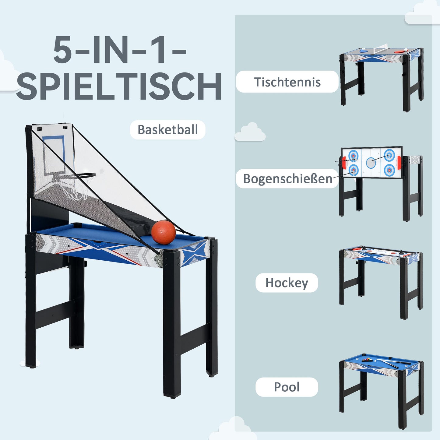 SPORTNOW 5-in-1-Spieletisch, Billard, Tischtennis, Hockey, Basketball, Bogenschießen, Zubehör inklusive, MDF, Kunststoff, Blau