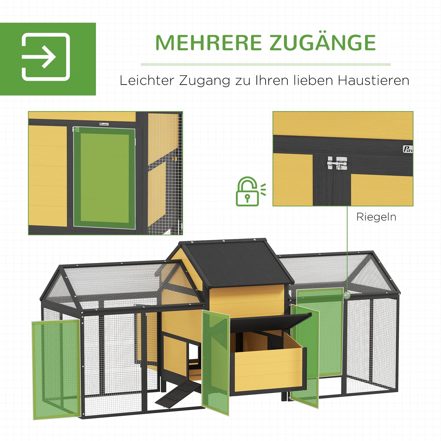 PawHut Hühnerstall Kleintierstall 2 Außengehege, 1 Nistkasten, 2 Rampen,Asphaltdach, wetterbeständig, Gelb