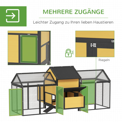 PawHut Hühnerstall Kleintierstall 2 Außengehege, 1 Nistkasten, 2 Rampen,Asphaltdach, wetterbeständig, Gelb