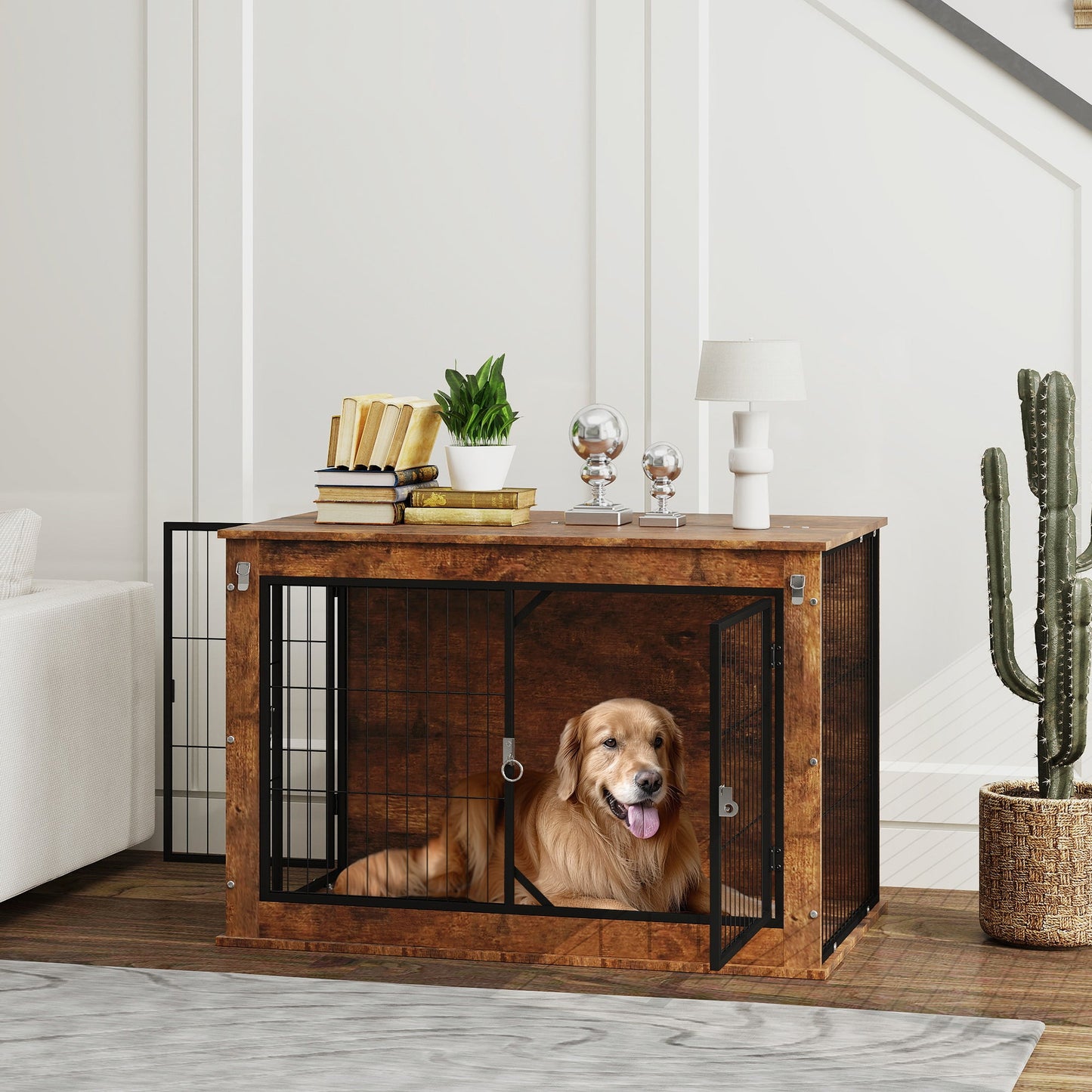 PawHut Hundebox, Transportbox für Hunde, Aufenthaltsbox, für Haustiere, 2 verschließbare Türen, 98 x 60 x 65,5 cm, Braun
