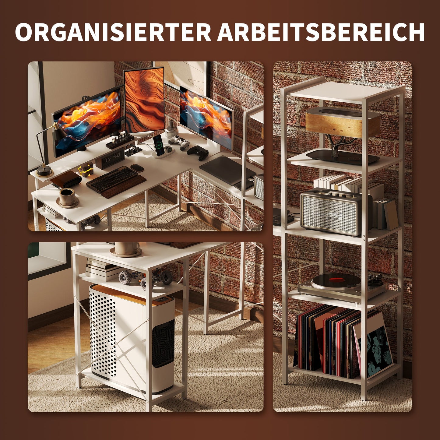 HOMCOM L-förmiger Schreibtisch mit Ladestation, Eck-Computertisch mit Monitorständer und Regalen, für Homeoffice, Büro, Weiß