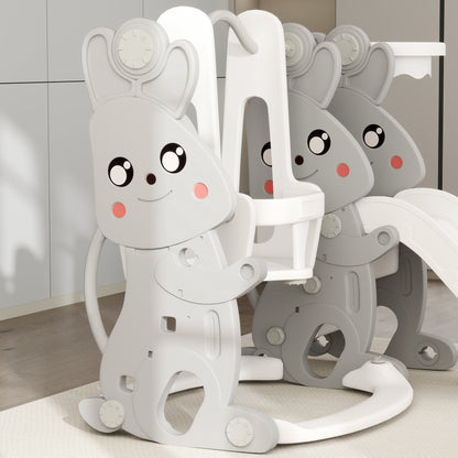 AIYAPLAY 4-in-1 Spielset für Kleinkinder, Rutsche, Schaukel, Klettergerüst, Basketballkorb, Kunststoff, Hasendesign, Grau