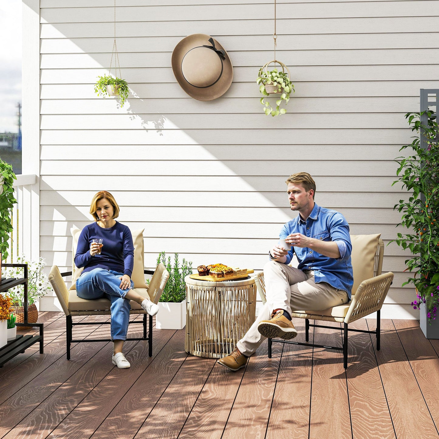 Outsunny Polyrattan Gartenmöbel Set, Outdoor Balkonmöbel für 2 Personen, 3-teilig mit 2 Stühle, Beistelltisch Sitzkissen