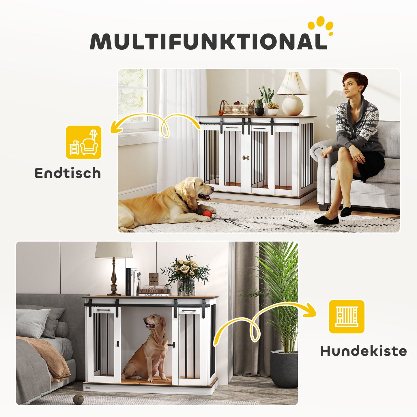 PawHut Hundekäfig mit 2 Türen, Hundebox, Transportbox für Hunde, rustikales Design, verriegelbar, Weiß