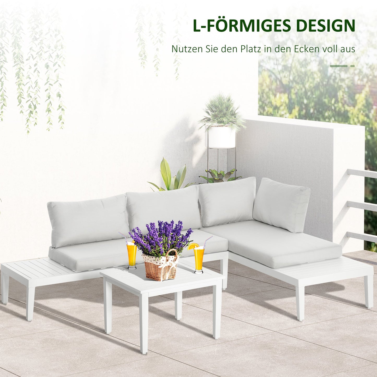 Outsunny Gartenmöbel-Set für 3 Personen mit Beistelltisch Sofa mit Kissen L-Form Outdoor Aluminium Cremeweiß
