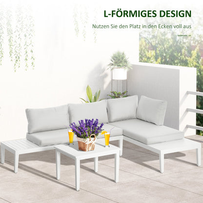 Outsunny Gartenmöbel-Set für 3 Personen mit Beistelltisch Sofa mit Kissen L-Form Outdoor Aluminium Cremeweiß