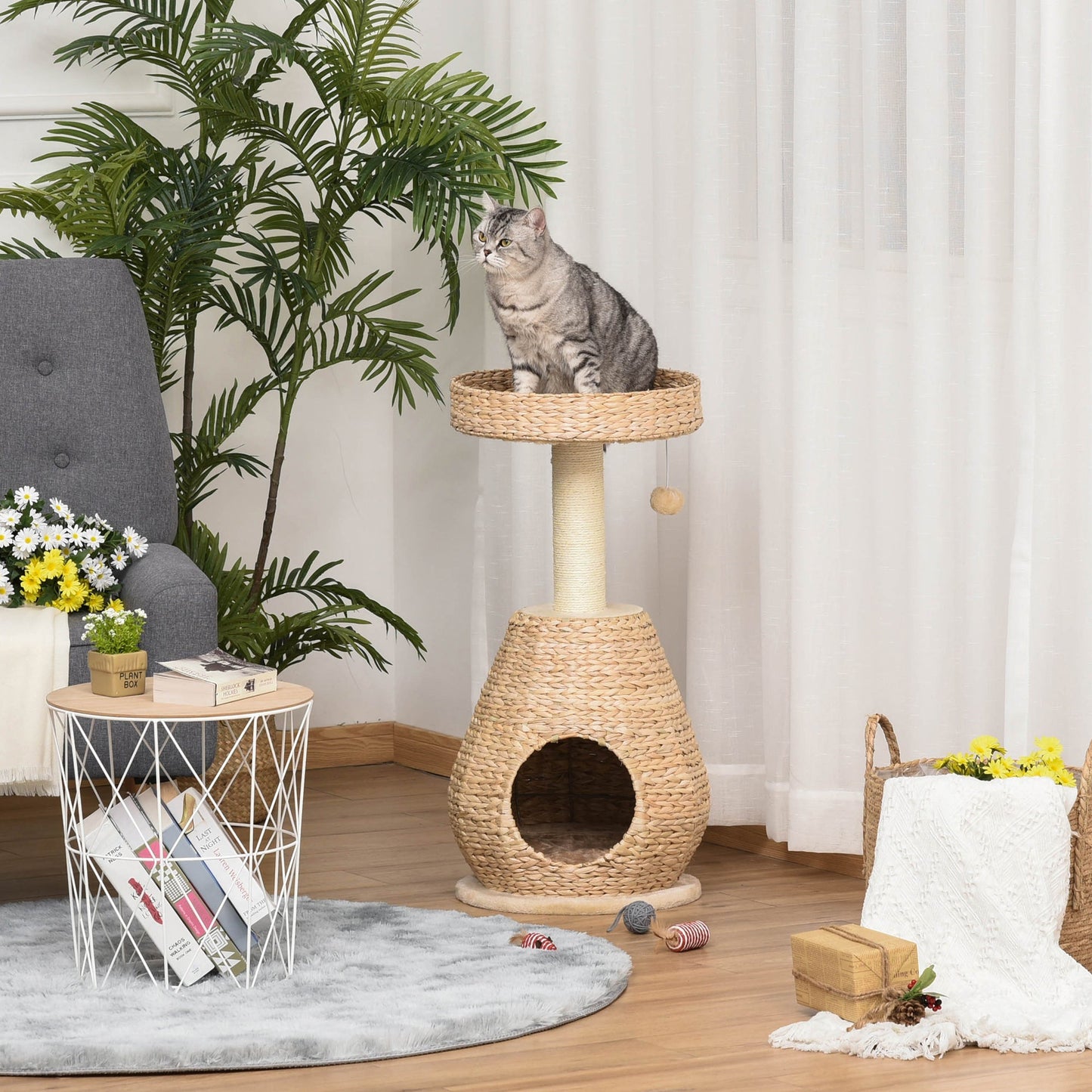 PawHut Katzenbaum Kratzbaum Kätzchen Möbel mit Katzenhöhle Ballspielzeug Sisal weiche Plüsch Höhe 82,5 cm Gelb
