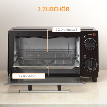 HOMCOM Mini-Backofen, 9 Liter Fassungsvermögen, Einstellbare Temperatur und Garzeit, mit Grillrost und Backblech, Schwarz