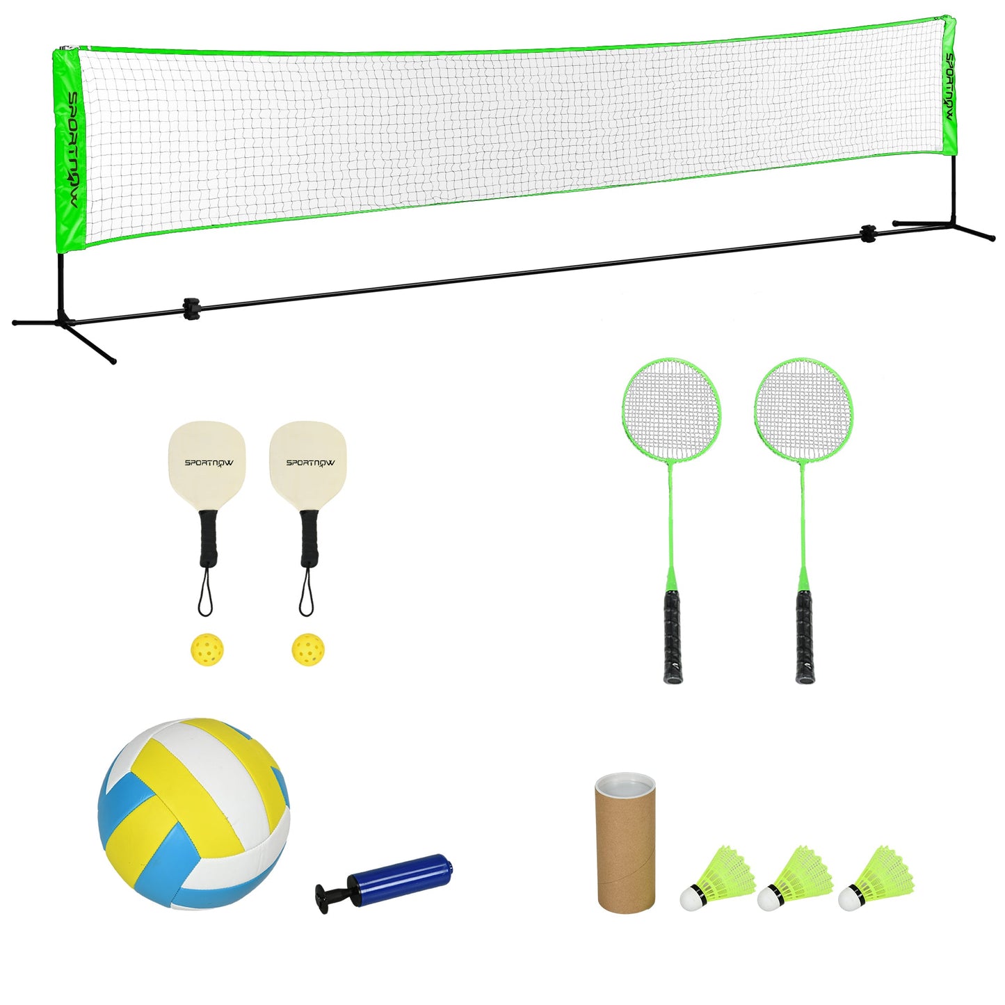 SPORTNOW Badminton-Set mit 2 Schlägern, 3 Federbällen, höhenverstellbar 107-155 cm, Schwarz-Grün