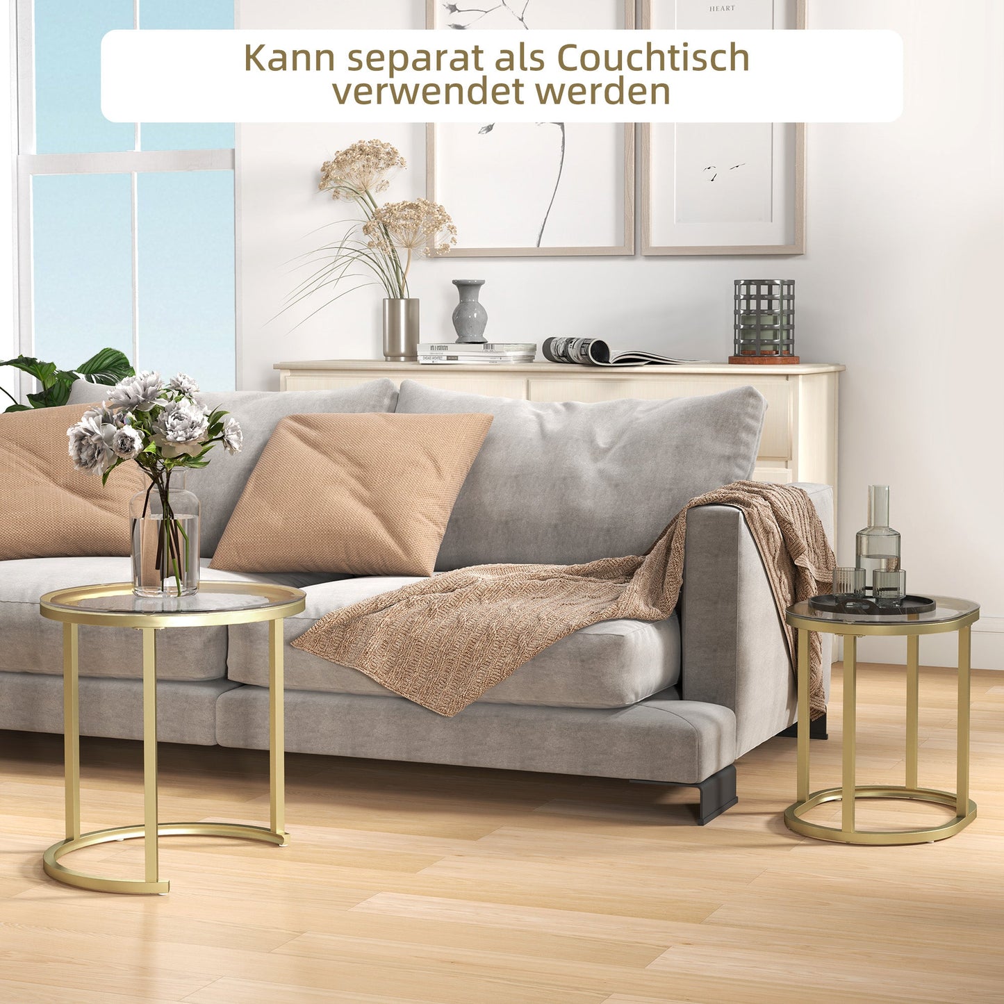 HOMCOM 2er-Set Couchtisch, Ovaler und runder Kaffeetisch, stapelbar, Stahl, Ø50 x 50,5H cm, Gold